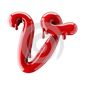 3D render of red alphabet make from nail polish. Handwritten cursive letter V. Isolated on white