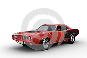 3D render of a red and black retro American muscle car isolated on white