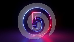 3d render, red blue neon number seven five inside the linear round frame glowing in the dark, isolated on black background