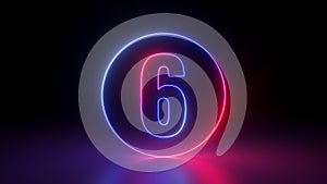 3d render, red blue neon number seven six inside the linear round frame glowing in the dark, isolated on black background