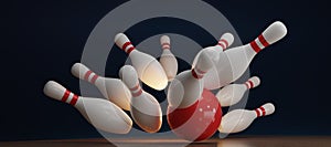 3d render red bowling ball crashing into the pins on dark blue background. Bowling ball striking against pins. Concept of success