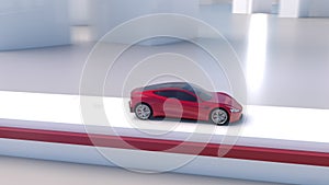 3D render of a Red electric concept car driving in a futuristic landscape