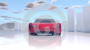 3D render of a Red electric concept car driving in a futuristic landscape