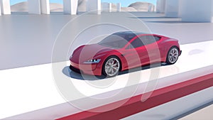 3D render of a Red electric concept car driving in a futuristic landscape
