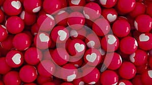 3d render of red falling balls with white hearts isolated with alpha channel. Social love icons falling and filling