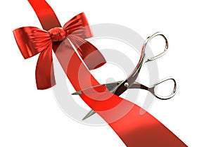 3d render of a red gift ribbon with scissors isolated on white