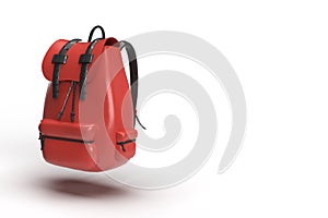 3d render of a red leather bagpack floating in air in a solid white gradient background with space for text.travel