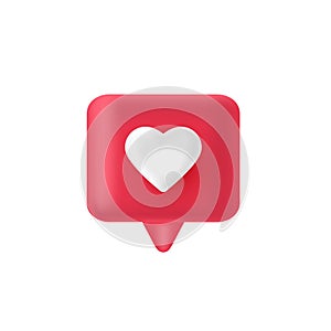 3d render red like icon. Pink comment button. Love element. Social media bubble with heart. Notification label. Share