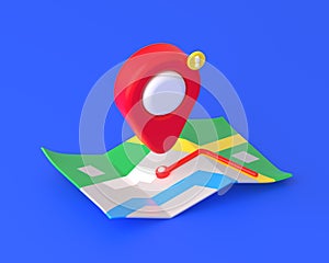 3d render red location pin over map with route