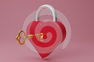 3D render red metal heart-shaped Padlock icon with gold key isolated on pink background. Minimal red lock with a golden key. 3d