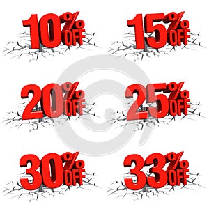 3D render red text 10,15,20,25,30,33 percent off on white crack