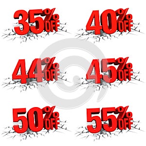 3D render red text 35,40,44,45,50,55 percent off on white crack
