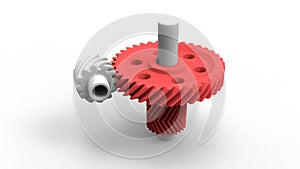 3D render of a red and white worm gear assembly
