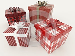 3D render of a red and white wrapped holiday presents with ribbons on white background