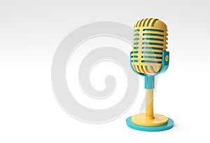 3D Render Retro microphone on short leg and stand, music award model template, karaoke, radio and recording studio sound equipment