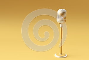 3D Render Retro microphone on short leg and stand, music award model template, karaoke, radio and recording studio sound equipment