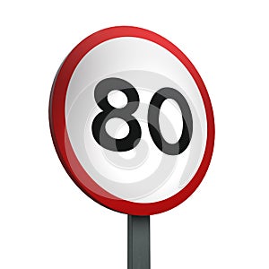 3D Render Road Sign of indicating a speed limit of 80  Isolated on a White Background