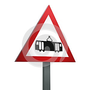 3D Render Road Sign of Trams crossing ahead Isolated on a White Background