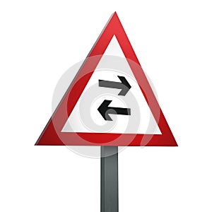 3D Render Road Sign of Two-way traffic crosses one-way road Isolated on a White Background