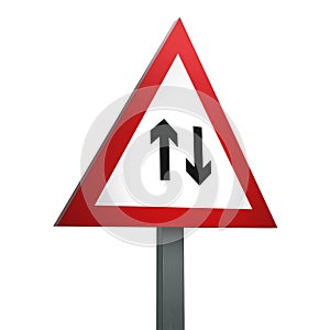 3D Render Road Sign of Two-way traffic straight ahead  Isolated on a White Background