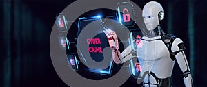 3d render.Robot pressing button on virtual screen Cyber crime