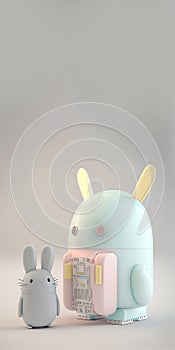 3D Render of Robotic Rabbits Character On Grey Background And Copy