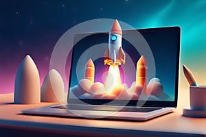 3d render rocket launch on computer laptop. new business start-up ideas. learning knowledge creativity. business success concept.