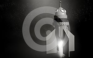 3D render rocket like a old retro black and white movie