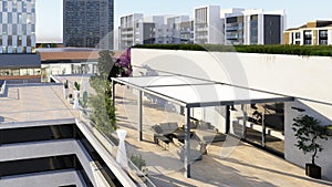 3D render of Rooftop apartment patio with orbit shot