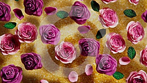 3d render roses with petals float on the water on a golden background