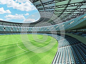 3D render of a round Australian rules football stadium with sky blue chairs