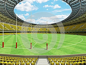 3D render of a round Australian rules football stadium with yellow chairs