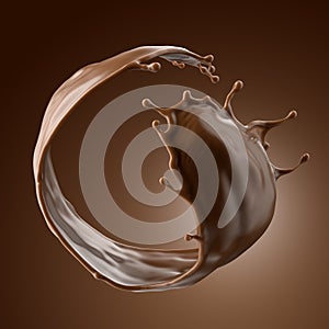 3d render, round wavy shape liquid chocolate splash, cacao drink or coffee, splashing cooking ingredient. Clip art isolated on