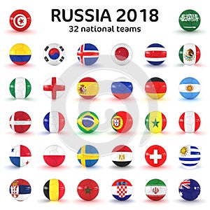 3d render - Russia 2018 - 32 footballs with national flags