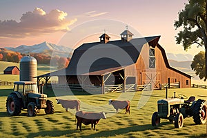 3D Render: Rustic Barn Wood Structure Stands under a Pastel Sky, Amber Light of Dawn Casting Long Shadows