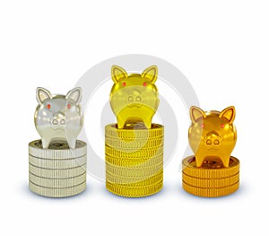 3D render saving pig with gold, silver and bronze coins isolated on white background