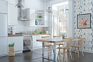 3d render of the Scandinavian apartment with kitchen