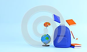 3D Render Of School Supplies, Bag, Books, Coloring Plate and World Map Globe and Space for your