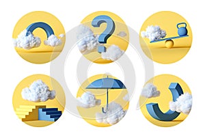 3d render, set of assorted yellow round stickers with white clouds and blue objects, modern icons for social account design.