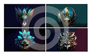 3D Render, Set of Attractive Carnival Mask With Feathers On Dark Background. Carnival