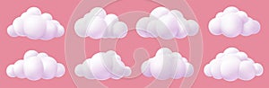 3d render set cartoon clouds on Pink background. Render soft round cartoon fluffy clouds icon set. illustration.