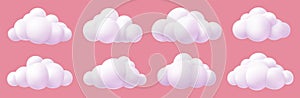 3d render set cartoon clouds on Pink background. Render soft round cartoon fluffy clouds icon set. Vector illustration.
