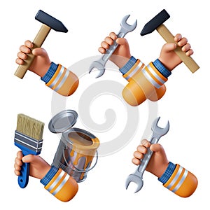 3d render, set of cartoon human arms holding painting and building tools: hammer, spanner wrench, brush, can of yellow paint.