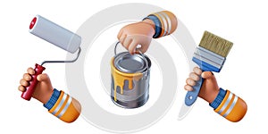 3d render, set of cartoon human arms holding painting tools, brush and can of yellow paint. Renovation service clip art 