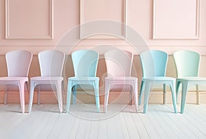 3D render of a set of chairs in pastel colors.