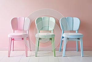 3D render of a set of chairs in pastel colors.