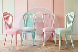 3D render of a set of chairs in pastel colors.