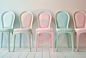 3D render of a set of chairs in pastel colors.