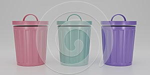 3D render set of empty pink, green, purple trash icon Cartoon minimal style on white background, environment concept, waste,