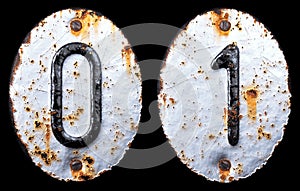 3D render set of numbers 0, 1 made of forged metal on the background fragment of a metal surface with cracked rust.